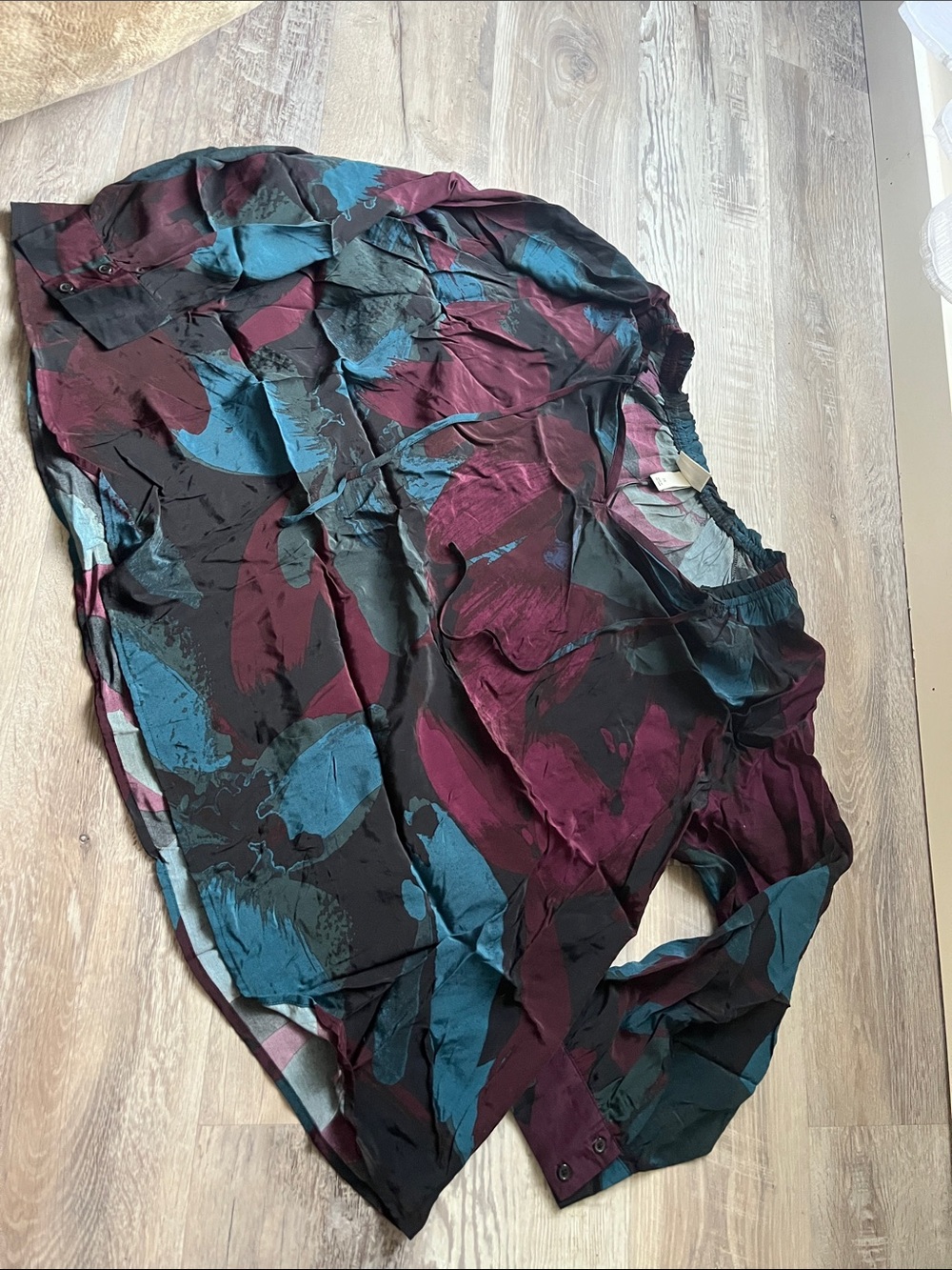Ava & Viv Abstract Long-Sleeve Blouse in Burgundy, Teal and Black